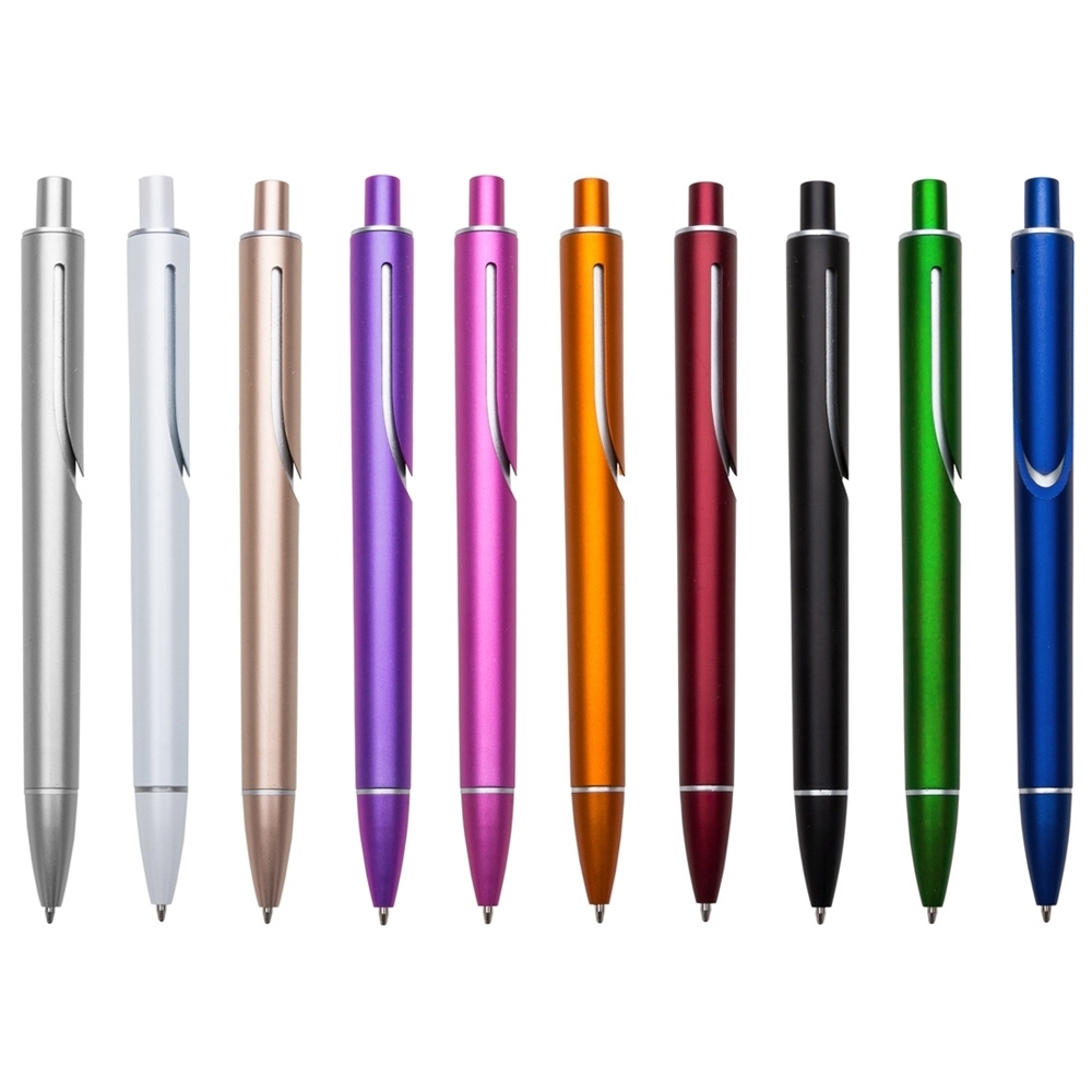 CANETA PLÁSTICA INTEIRAMENTE COLORIDA COM DETALHE PRATA NA PARTE SUPERIOR PERSONALIZADA