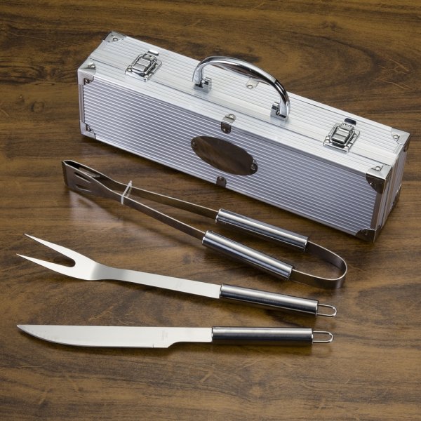 Kit Churrasco 3 Pcs Cabo De Metal E Maleta De Alumínio
