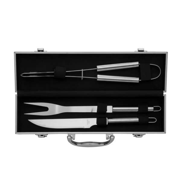 Kit Churrasco 3 Pcs Cabo De Metal E Maleta De Alumínio