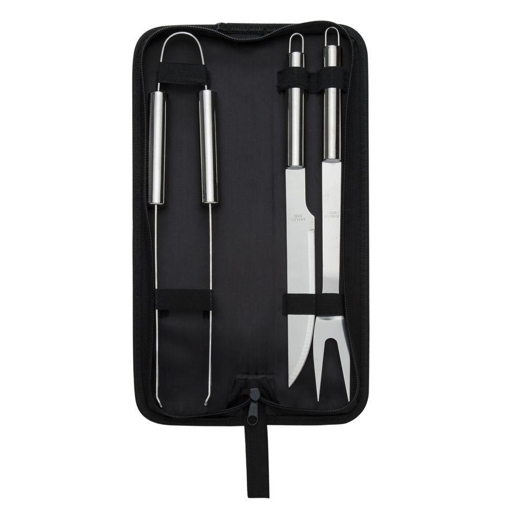 Kit Churrasco 3 Pcs Faca, Garfo E Pegador Pasta Preta