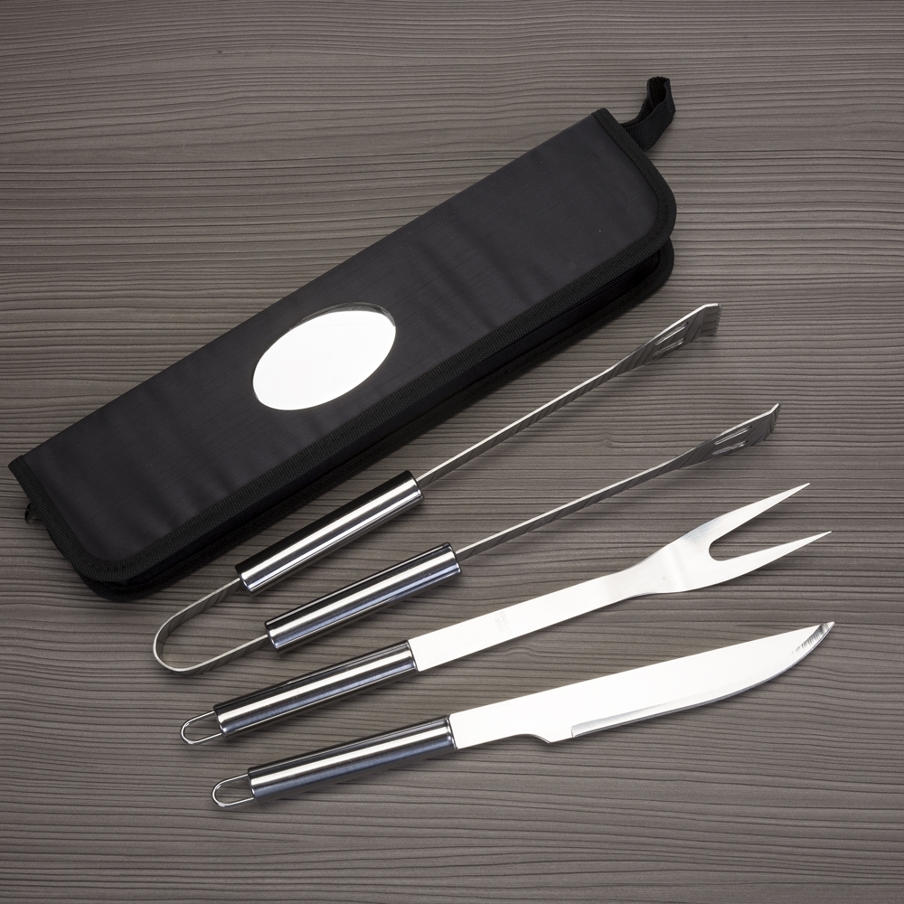 KIT CHURRASCO 3 PCS FACA, GARFO E PEGADOR PASTA PRETA