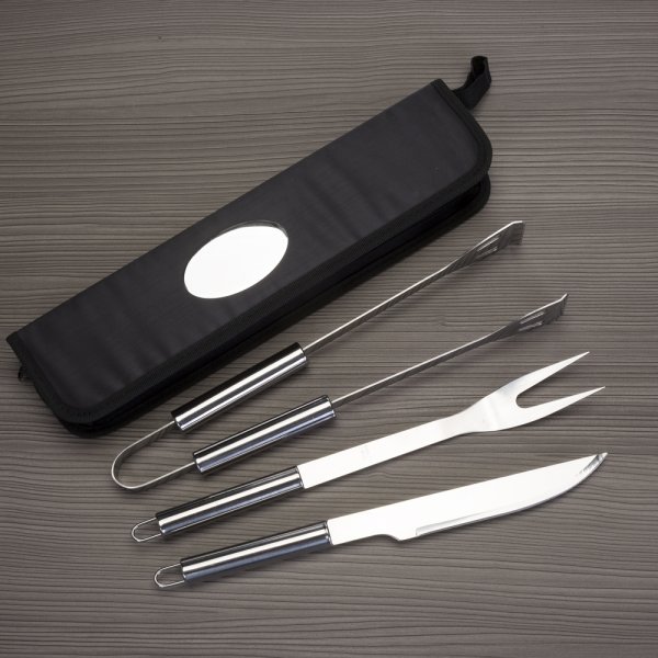 Kit Churrasco 3 Pcs Faca, Garfo E Pegador Pasta Preta