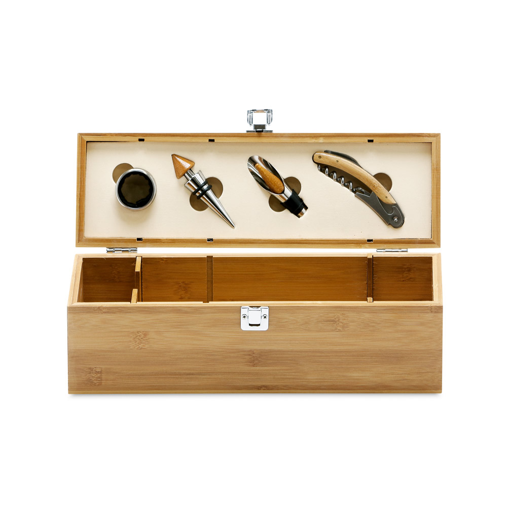 CONJUNTO PARA VINHO EM BAMBU E ZINCO