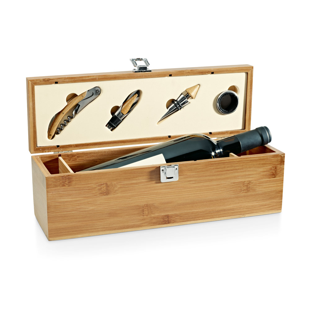 CONJUNTO PARA VINHO EM BAMBU E ZINCO